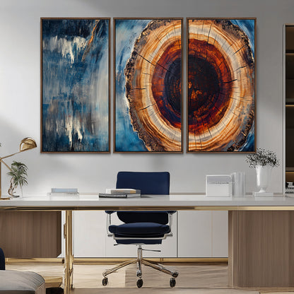48045-MGV-FC-48X32-3P_Walnut-Tree Ring Abstract Wall Art – Rustic Wood Grain Canvas Print with Brown Center and Blue Brush Strokes, Nature Inspired Artwork for