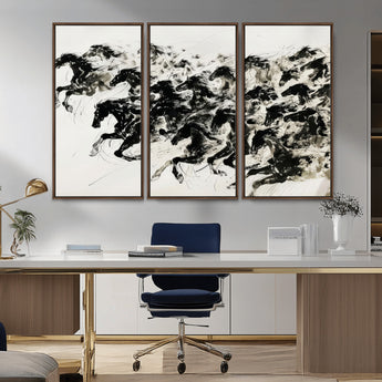 23069-MGV-CV-36X24-Galloping Horses Wall Art – Black Ink Painting on Canvas, Dynamic Equestrian Artwork with Running Stallions, Expressive Modern