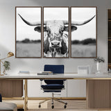 20272-MGV-CV-36X24-Highland Cow Wall Art – Black and White Western Longhorn Canvas Print, Farmhouse Living Room Decor Southwestern Animal Artwork for