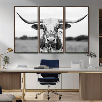 20272-MGV-CV-36X24-Texas Longhorn Wall Art – Black and White Cowboy Western Canvas Print, Rustic Farmhouse Cattle Photography Decor for Ranch, Barn