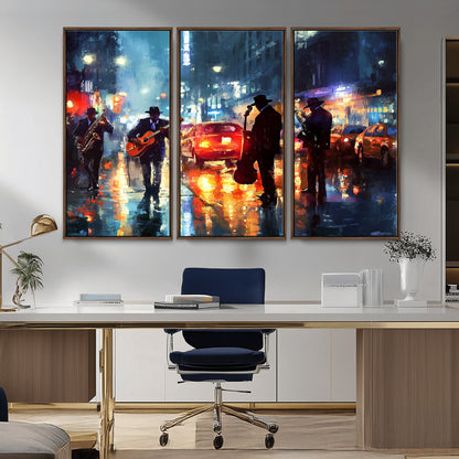 94605-MGV-CV-36X24-City Jazz Night Wall Art – Vibrant Music Canvas Print Featuring Saxophone, Guitar and Bass Players, Urban Street Scene Artwork for
