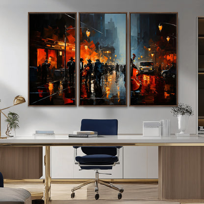 46538-MGV-CV-36X24-Urban Jazz Night Wall Art – Dramatic Music Canvas Print with Double Bass and Street Musicians, Modern City Scene Artwork for