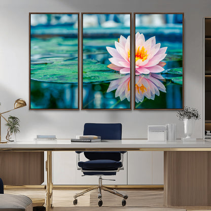 65933-MGV-CV-36X24-Pink Water Lily Wall Art – Lotus Flower Canvas Print with Reflection on Calm Water, Peaceful Botanical Artwork for Living Room,