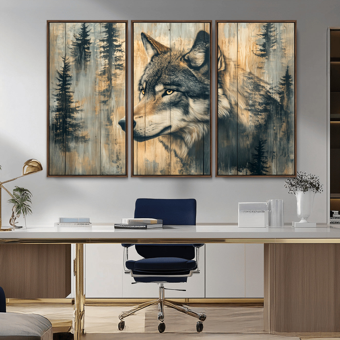 51892-MGV-CV-36X24-Wolf Wall Art – Rustic Canvas Print of Wolf with Forest Trees on Wood Texture, Wildlife Lodge Artwork for Living Room, Bedroom,