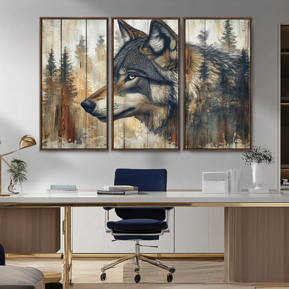 91882-MGV-FC-48X32-3P_Walnut-Wolf Wall Art – Rustic Canvas Print of Forest Wolf on Wood Background, Wildlife Lodge Artwork for Living Room, Bedroom, Cabin, or