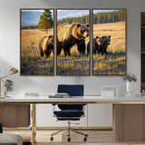 43400-MGV-CV-36X24-Bear Family Wall Art – Wildlife Canvas Print of Mother Bear with Cubs in Sunlit Meadow, Rustic Animal Artwork for Living Room,