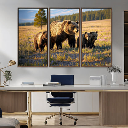 43400-MGV-CV-36X24-Bear Family Wall Art – Wildlife Canvas Print of Mother Bear with Cubs in Sunlit Meadow, Rustic Animal Artwork for Living Room,