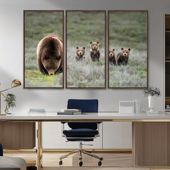 40555-MGV-FC-48X32-3P_Walnut-Bear Family Wall Art – Wildlife Canvas Print of Mother Bear with Four Cubs in Nature, Rustic Animal Artwork for Living Room,