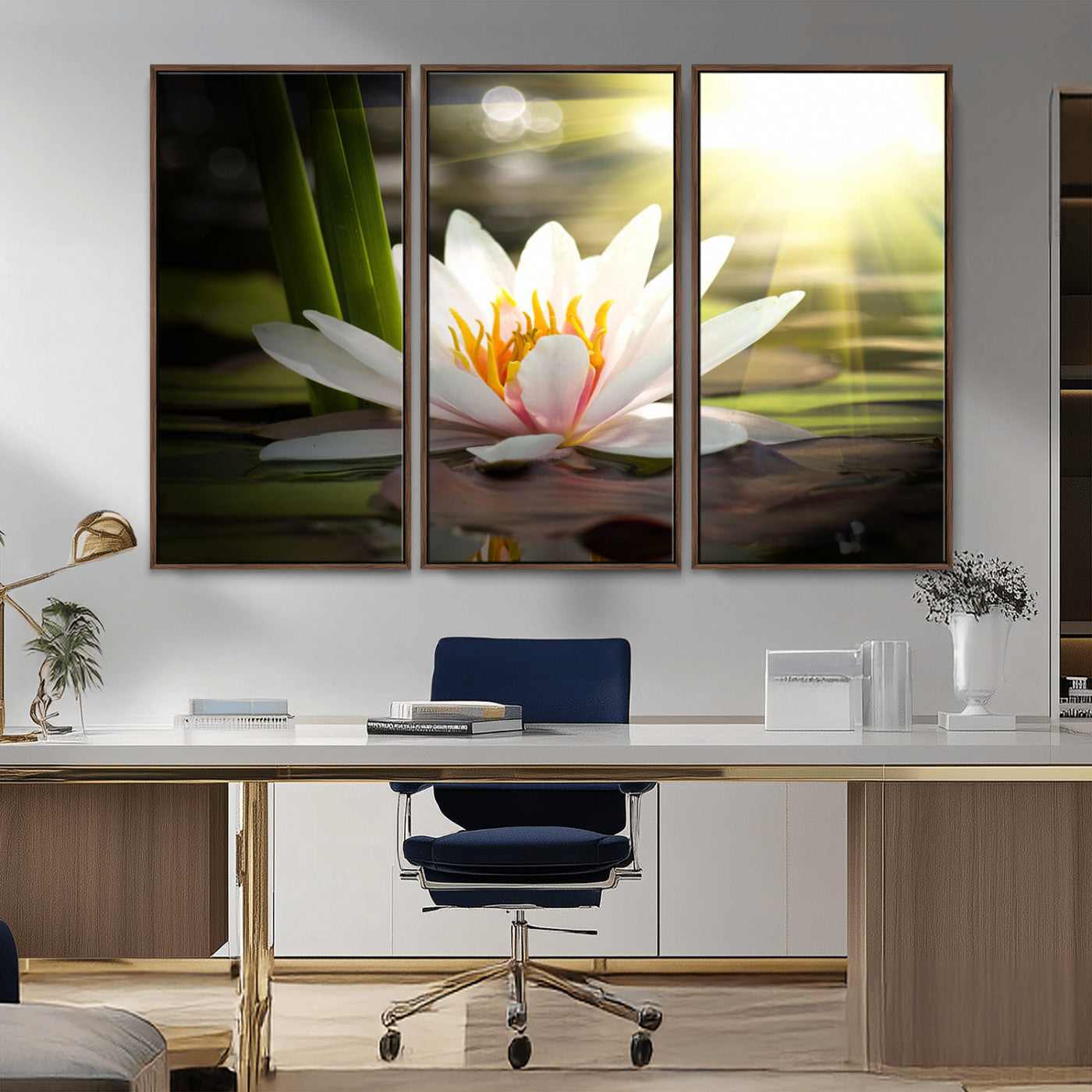 60352-MGV-CV-36X24-White Water Lily Wall Art – Lotus Flower Canvas Print with Sunlight Reflection, Peaceful Botanical Artwork for Living Room,