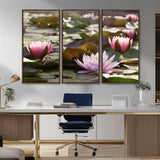 28394-MGV-CV-36X24-Water Lily Pond Wall Art – Pink Lotus Flowers Canvas Print with Green Lily Pads, Peaceful Botanical Artwork for Living Room,