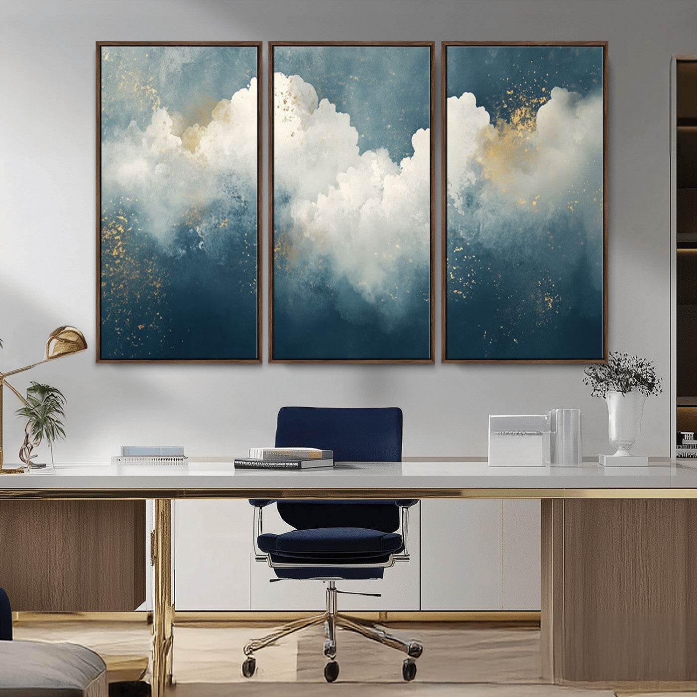 75131-MGV-CV-36X24-Abstract Cloud Wall Art – Modern Canvas Print Featuring Blue and White Clouds with Golden Accents, Contemporary Artwork for Living