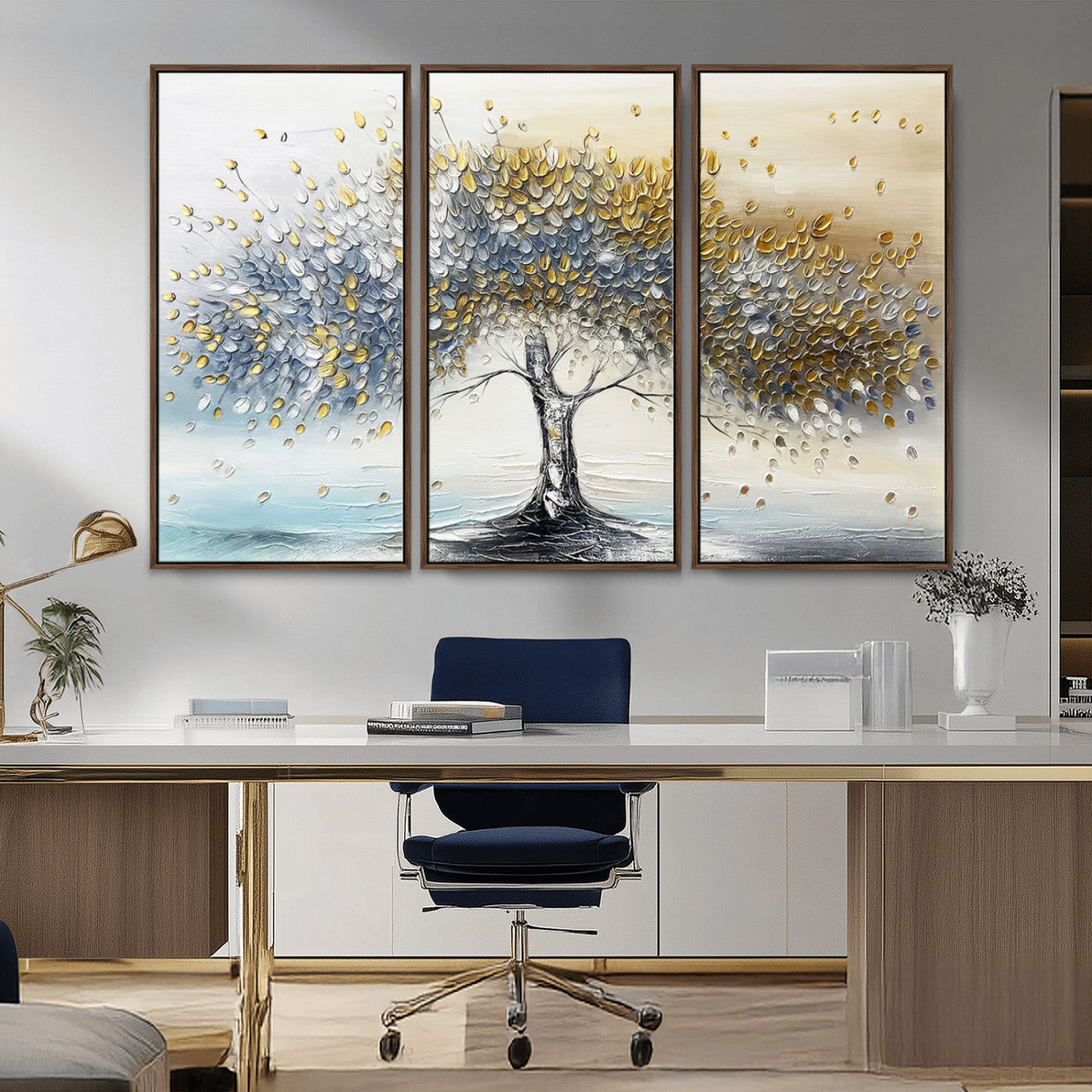 24771-MGV-CV-36X24-Silver Tree Wall Art Canvas Print, Framed Golden Leaves Art Picture Print, Metallic Tree Perfect Minimalist Luxury Decor Artwork