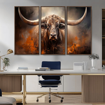 240479-MGV-CV-36X24-Longhorn Bull Wall Art – Dramatic Western Canvas Print Featuring Horned Bull with Fiery Background, Rustic Farmhouse Artwork for