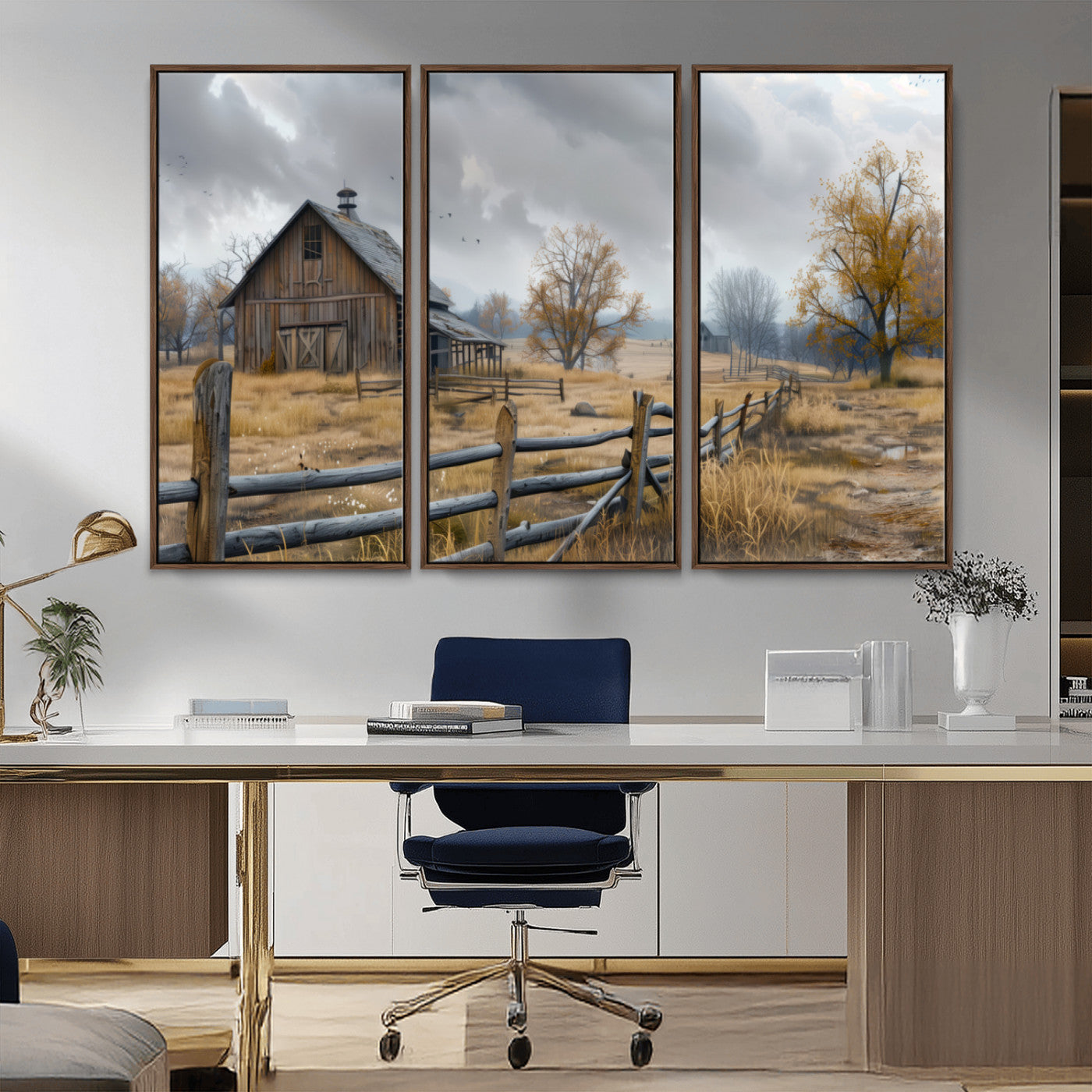 Farm1-MGV-CV-36X24-Rustic Autumn Farmhouse Wall Art – Serene Countryside Scene Canvas Print, Weathered Barn and Autumn Trees Decor for Living Room,