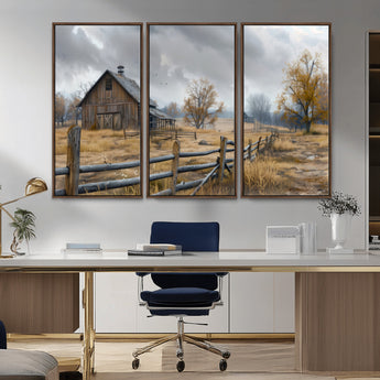 Farm1-MGV-CV-36X24-Rustic Autumn Farmhouse Wall Art – Serene Countryside Scene Canvas Print, Weathered Barn and Autumn Trees Decor for Living Room,