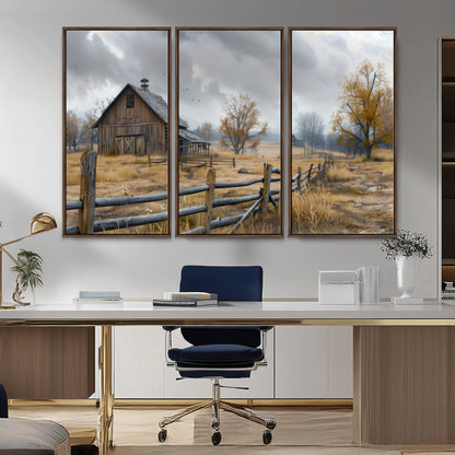 Farm1-MGV-CV-36X24-Rustic Autumn Farmhouse Wall Art – Serene Countryside Scene Canvas Print, Weathered Barn and Autumn Trees Decor for Living Room,