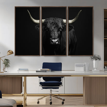 97914921-MGV-CV-36X24-Black Bull Wall Art Canvas Print, Framed Longhorn Bull Art Picture Print, Western Bull Perfect Monochrome Western Decor Artwork