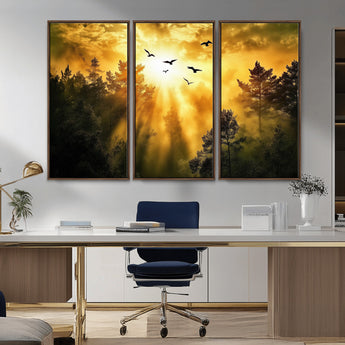13776802-MGV-FC-48X32-3P_Walnut-Golden Forest Wall Art Canvas Print, Framed Sunset Pines Art Picture Print, Flying Birds Perfect Nature Glow Decor Artwork