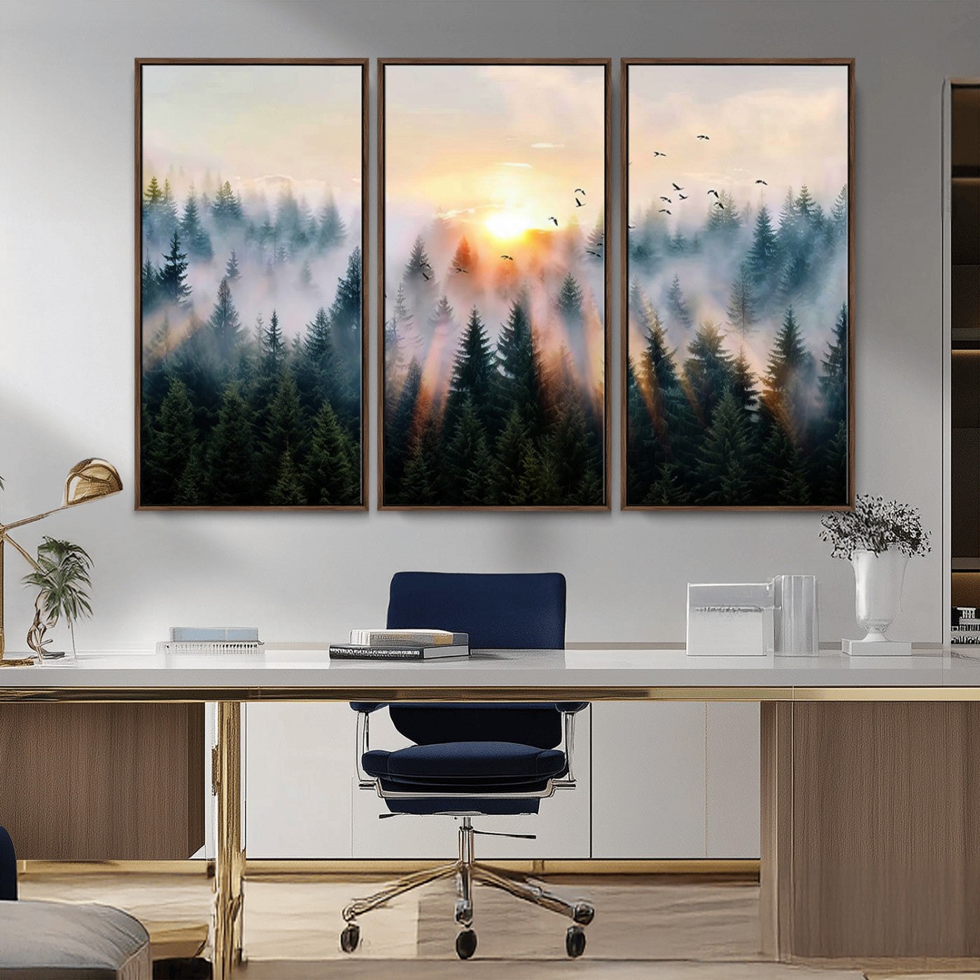 56391411-MGV-CV-36X24-Misty Forest Wall Art Canvas Print, Framed Sunrise Pines Art Picture Print, Moody Pines Perfect Serene Woodland Decor Artwork