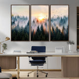 56391411-MGV-CV-36X24-Misty Forest Wall Art Canvas Print, Framed Sunrise Pines Art Picture Print, Moody Pines Perfect Serene Woodland Decor Artwork