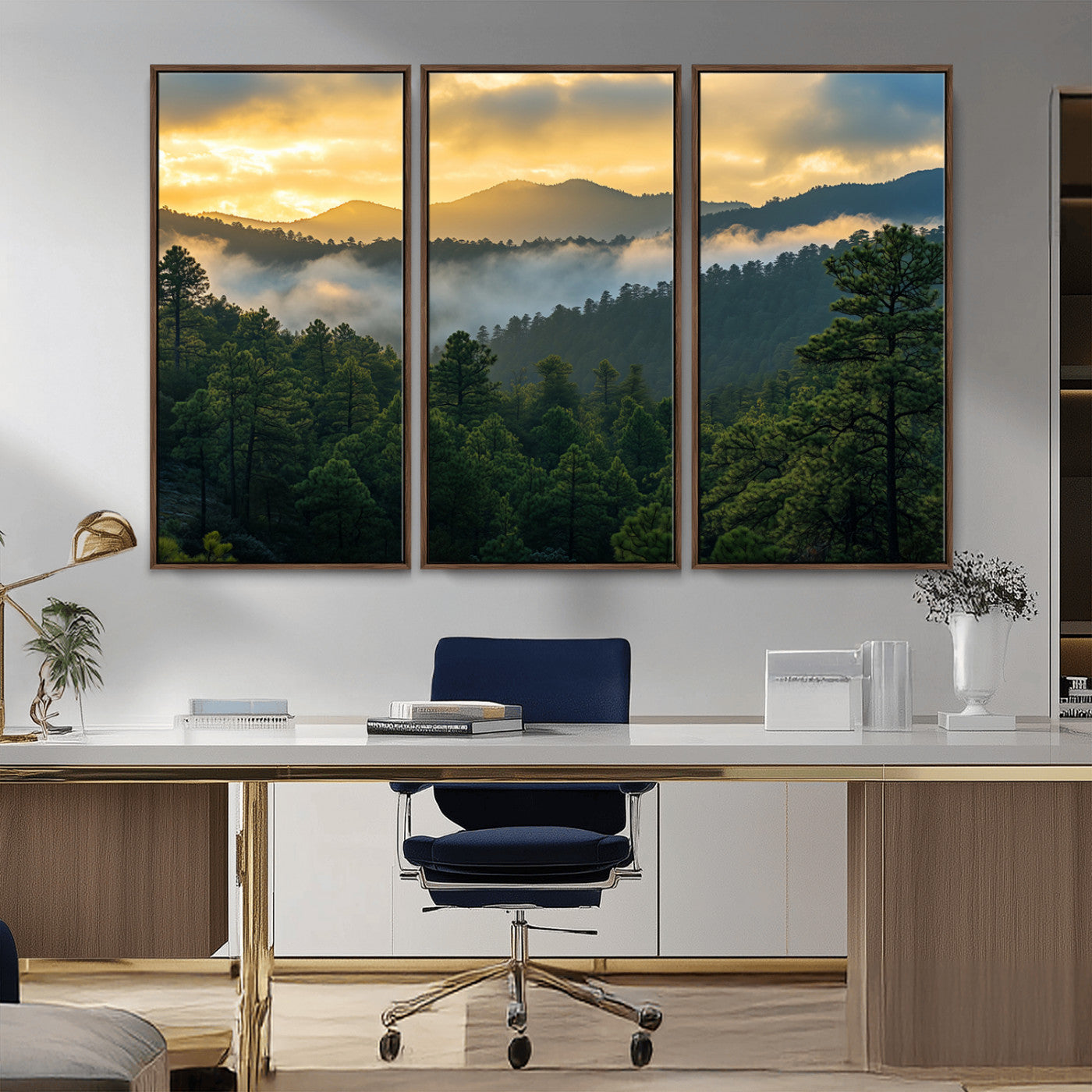 68082278-MGV-CV-36X24-Mountain Sunrise Wall Art Canvas Print, Framed Pine Forest Art Picture Print, Misty Mountains Perfect Earthy Woodland Decor