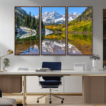 87724099-MGV-CV-36X24-Maroon Bells Wall Art Canvas Print, Framed Snowy Mountains Art Picture Print, Pine Forest Perfect Vibrant Alpine Decor Artwork