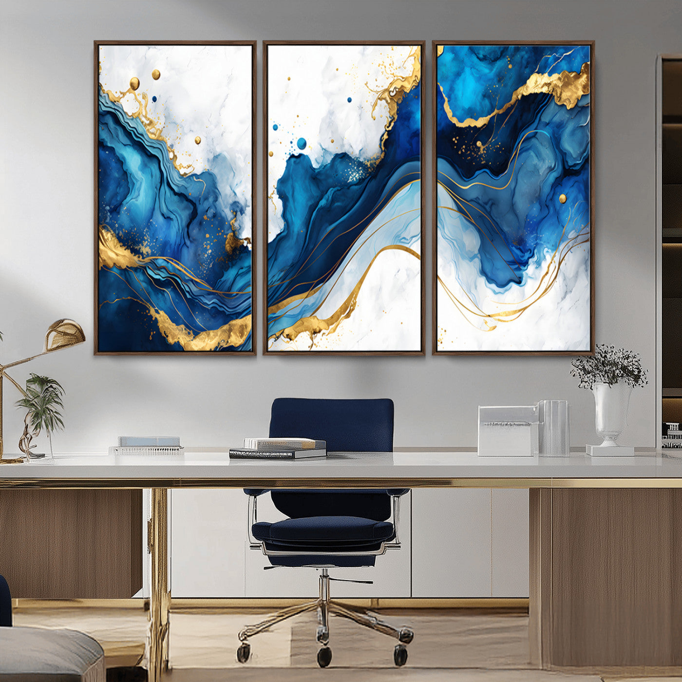 33506371-MGV-CV-36X24-Blue Marble Wall Art Canvas Print, Framed Gold Splash Art Picture Print, Abstract Wave Perfect Modern Luxe Decor Artwork
