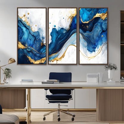 33506371-MGV-CV-36X24-Blue Marble Wall Art Canvas Print, Framed Gold Splash Art Picture Print, Abstract Wave Perfect Modern Luxe Decor Artwork