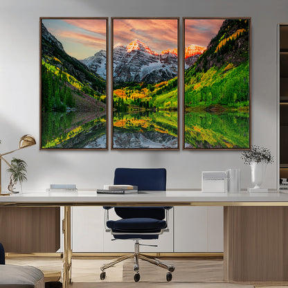 59533484-MGV-FC-48X32-3P_Walnut-Maroon Bells Autumn Wall Art – Panoramic Mountain Landscape Canvas Print, Sunset Reflection Nature Artwork for Living Room, Office