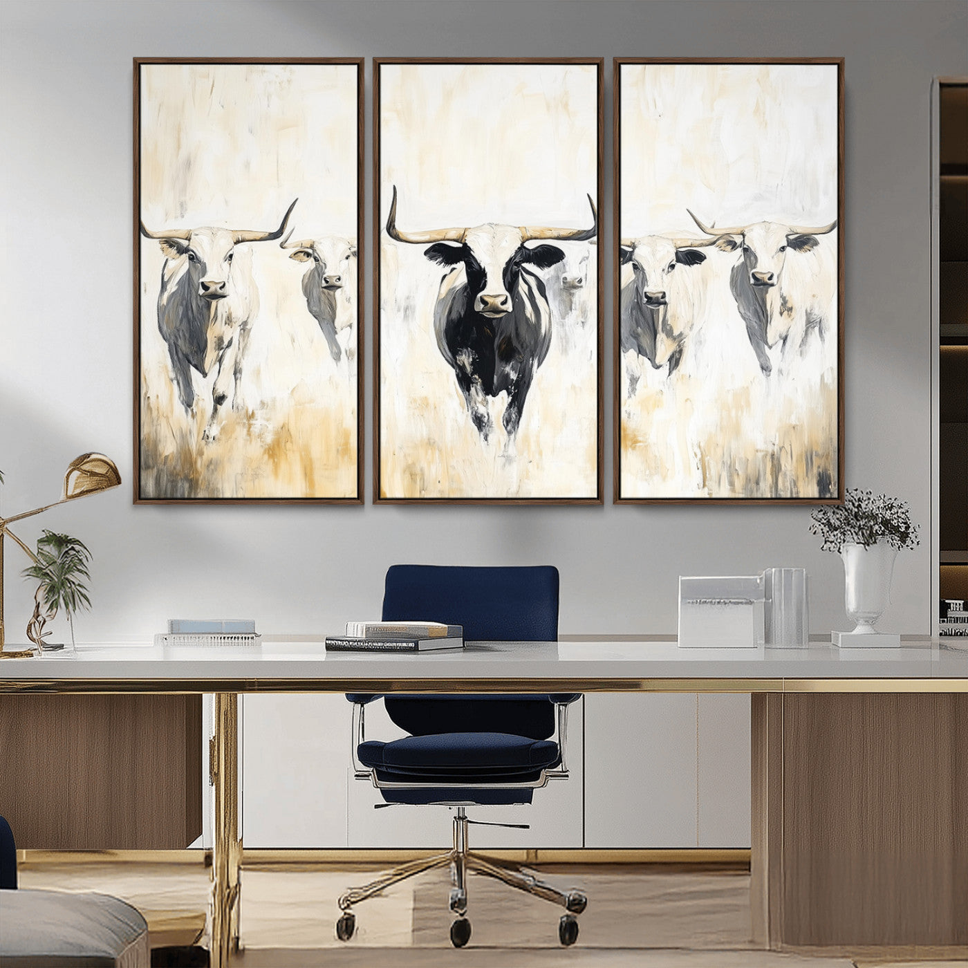 40397799-MGV-CV-36X24-Texas Longhorn Wall Art Canvas Print, Framed Rustic Herd Art Picture Print, Western Bull Perfect Neutral Western Decor Artwork