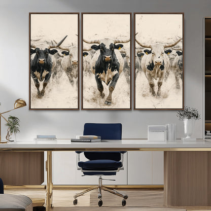 61538944-MGV-CV-36X24-Texas Longhorn Wall Art Canvas Print, Framed Cattles Walking Art Picture Print, Black White Bulls Perfect Rustic Western Decor