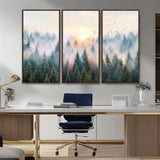 92718976-MGV-CV-36X24-Misty Forest Wall Art Canvas Print, Framed Sunrise Pines Art Picture Print, Foggy Woodland Perfect Moody Woodland Decor Artwork