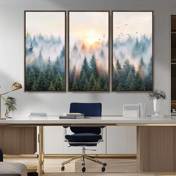 92718976-MGV-CV-36X24-Misty Forest Wall Art Canvas Print, Framed Sunrise Pines Art Picture Print, Foggy Woodland Perfect Moody Woodland Decor Artwork