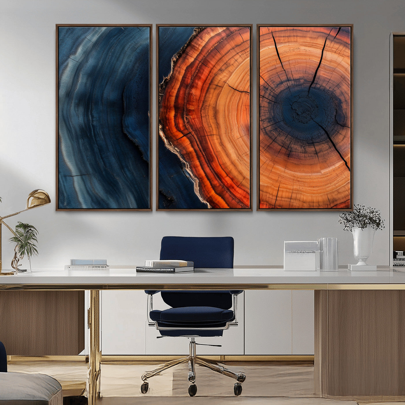 57732250-MGV-CV-36X24-Tree Ring Abstract Wall Art – Blue Orange Wood Grain Canvas Print, Modern Rustic Nature Artwork for Living Room, Office,