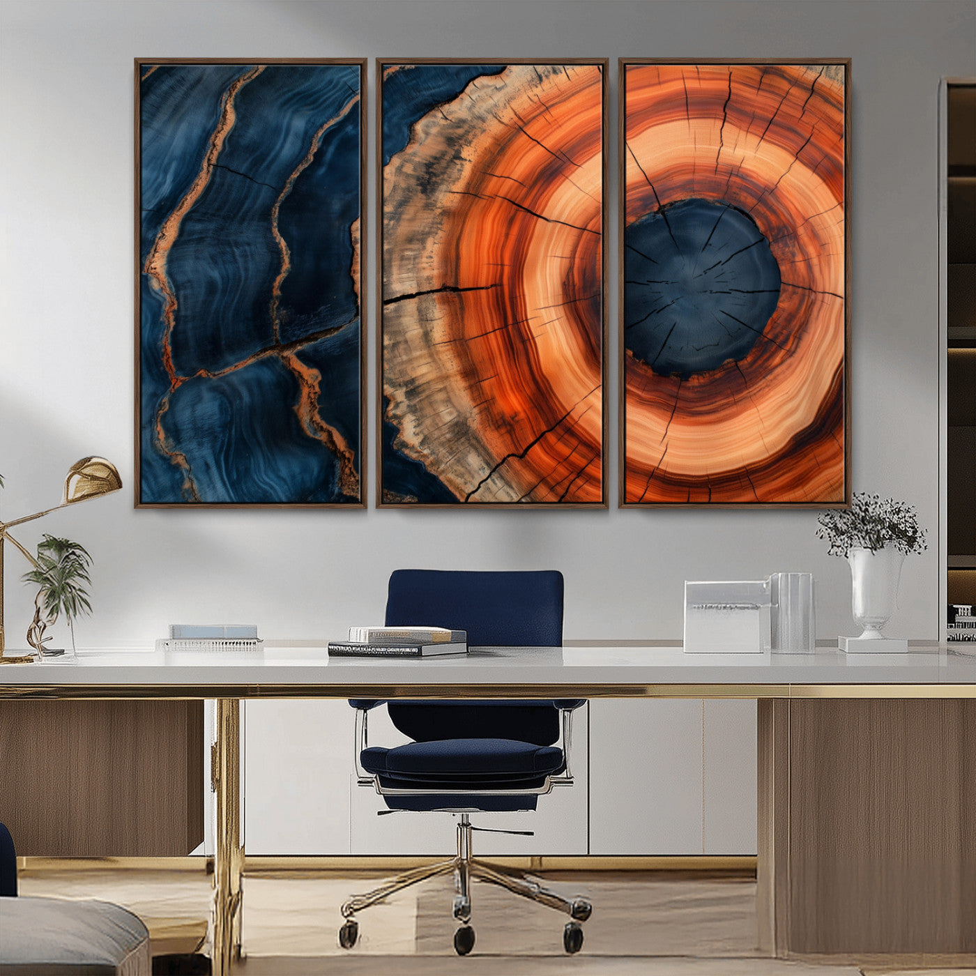 41123192-MGV-CV-36X24-Tree Ring Canvas Wall Art – Abstract Blue Orange Wood Grain Print, Rustic Modern Nature Artwork for Living Room, Bedroom, Office