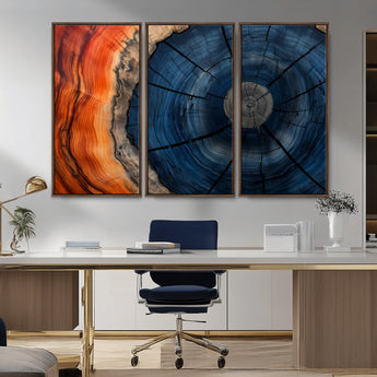26110607-MGV-CV-36X24-Blue and Orange Tree Ring Wall Art – Abstract Wood Cross Section Canvas Print, Modern Rustic Nature Decor for Living Room, Office,