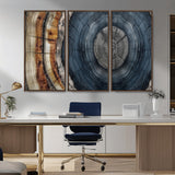 91368647-MGV-CV-36X24-Smoky Blue Tree Ring Wall Art – Rustic Wood Cross Section Canvas Print, Modern Nature Inspired Decor for Living Room, Office, or