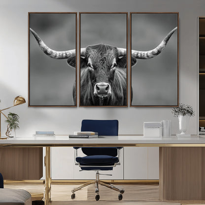 81228550-MGV-CV-36X24-Framed Texas Longhorn Bull Art Canvas Print, Western Bull Wall Art Print, Long Horn Bull Photo Print for Log Cabin, Large Bull