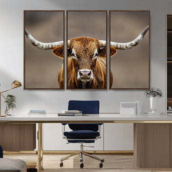 12179171-MGV-CV-36X24-Texas Longhorn Wall Art Canvas Print, Framed Brown Bull Art Picture Print, Lone Cattle Perfect Rustic Western Decor Artwork