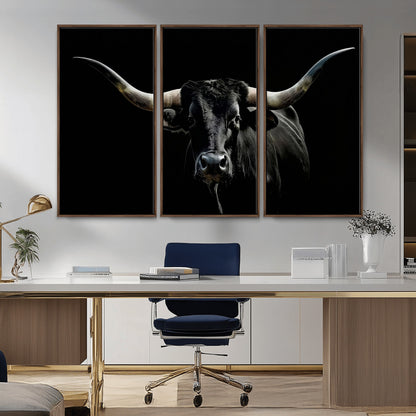 37531960-MGV-CV-36X24-Black Longhorn Bull Wall Art – Dramatic Western Cattle Canvas Print, Rustic Farmhouse Animal Artwork for Living Room, Bedroom,