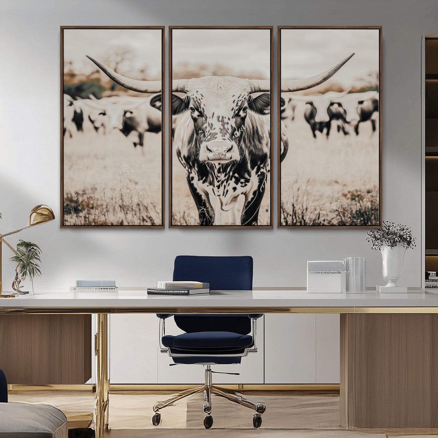 27497342-MGV-CV-36X24-Texas Longhorn Wall Art Canvas Print, Framed Speckled Cow Art Picture Print, Horned Cattle Perfect Rustic Western Decor Artwork