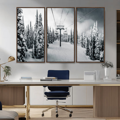 31156828-MGV-CV-36X24-Snowy Pines Wall Art Canvas Print, Framed Ski Lift Art Picture Print, Winter Forest Perfect Moody Lodge Decor Artwork