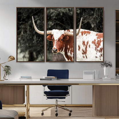 54027638-MGV-FC-48X32-3P_Walnut-Texas Longhorn Wall Art Canvas Print, Framed Spotted Cow Art Picture Print, Horned Bull Perfect Rustic Western Decor Artwork
