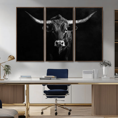 42077175-MGV-CV-36X24-Texas Longhorn Wall Art Canvas Print, Framed Monochrome Bull Art Picture Print, Horned Bull Perfect Rustic Western Decor Artwork