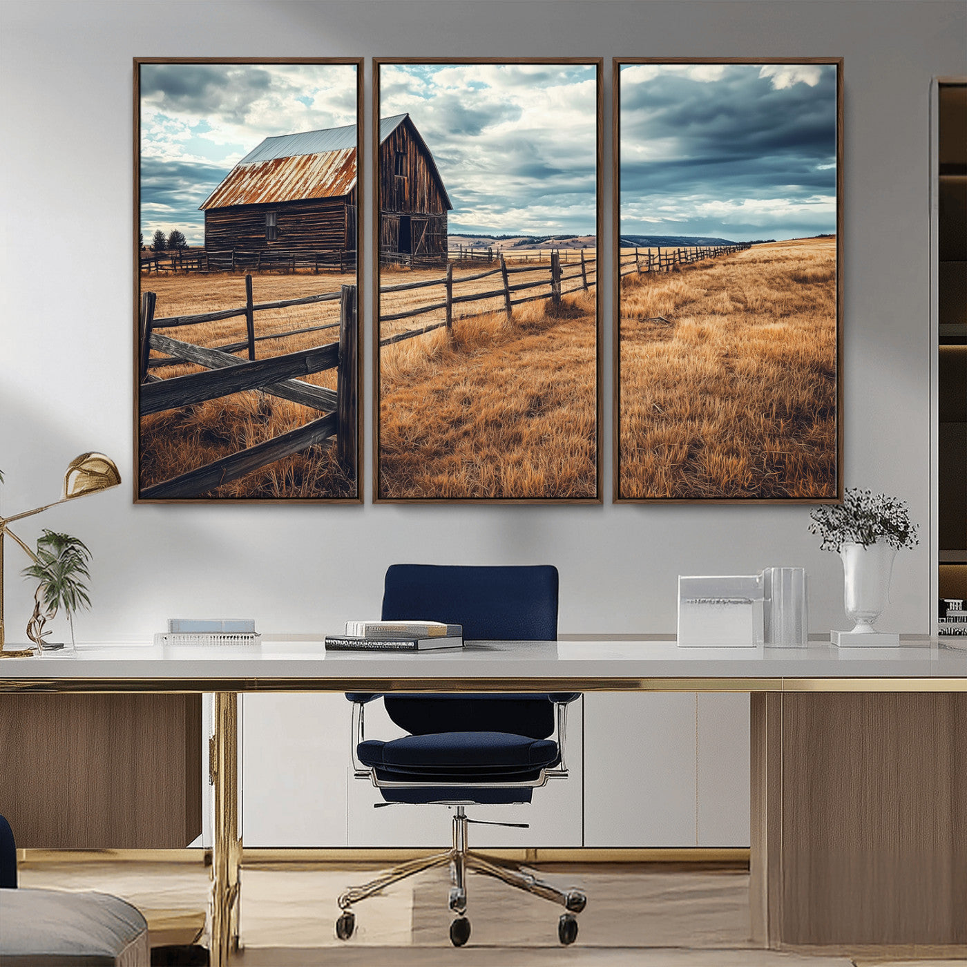 69356982-MGV-FC-48X32-3P_Walnut-Old Barn Wall Art Canvas Print, Framed Rustic Fence Art Picture Print, Wooden Farmhouse Perfect Rustic Farmhouse Decor Artwork