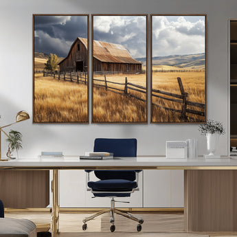 38758826-MGV-CV-36X24-Rustic Barn Wall Art Canvas Print, Framed Moody Barn Art Picture Print, Golden Field Perfect Rustic Farmhouse Decor Artwork