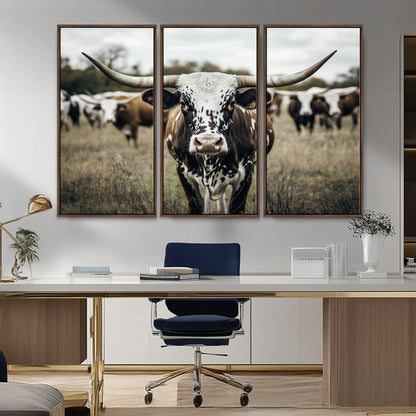79025945-MGV-CV-36X24-Texas Longhorn Wall Art Canvas Print, Framed Speckled Cow Art Picture Print, Horned Cattle Perfect Rustic Western Decor Artwork