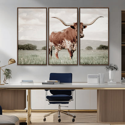 28309012-MGV-FC-48X32-3P_Walnut-Texas Longhorn Wall Art Canvas Print, Framed Spotted Cattle Art Picture Print, Horned Bull Perfect Rustic Western Decor Artwork