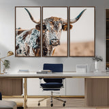 70414966-MGV-FC-48X32-3P_Walnut-Texas Longhorn Wall Art Canvas Print, Framed Speckled Cow Art Picture Print, Horned Bull Perfect Rustic Western Decor Artwork