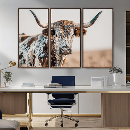70414966-MGV-FC-48X32-3P_Walnut-Texas Longhorn Wall Art Canvas Print, Framed Speckled Cow Art Picture Print, Horned Bull Perfect Rustic Western Decor Artwork